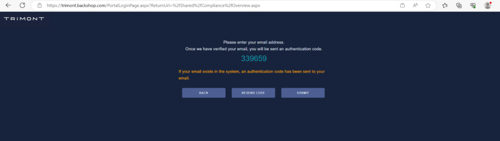 Enter the authentication code and select submit.